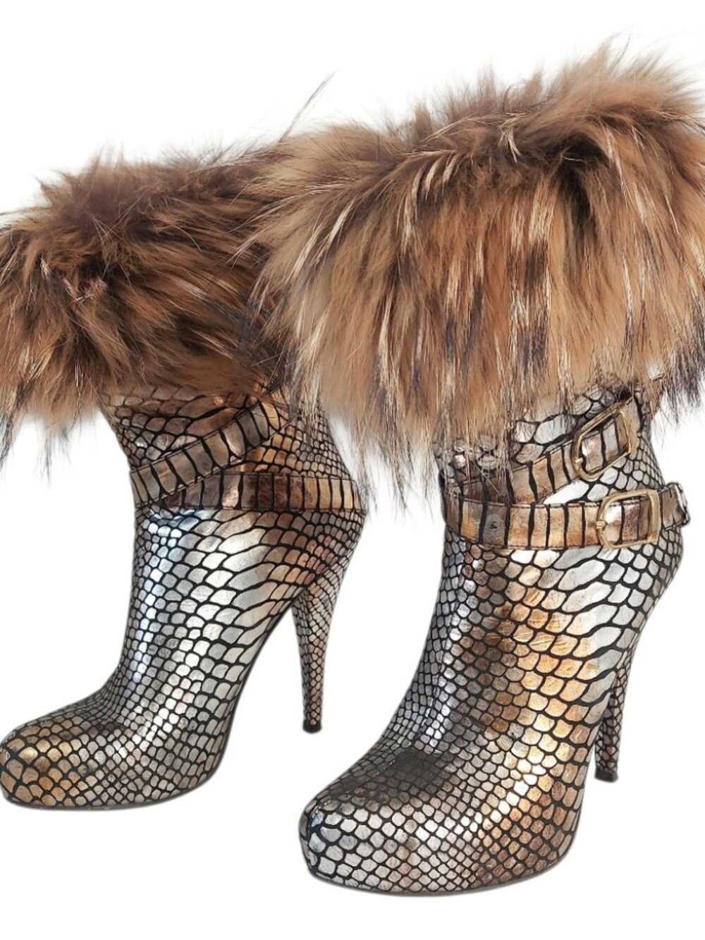Gizia Fur Metallic Snakeskin Buckle High Heeled Ankle Boots 36 EU Edgy Glam Chic